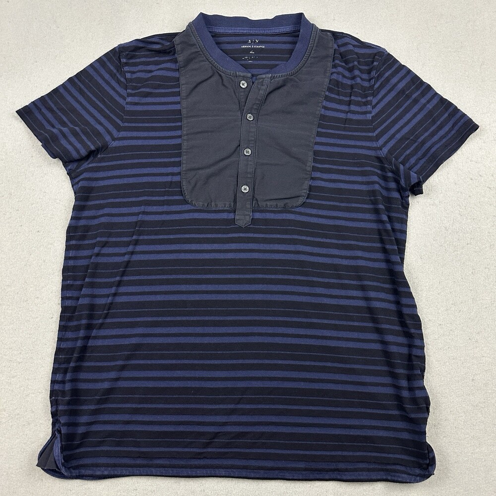 Armani Exchange Shirt Men Extra Large Blue Black Stripe Short Sleeve Henley XL